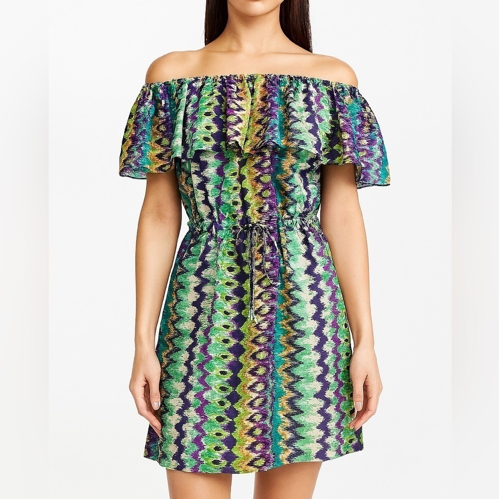 Alexis 100% Silk Off Shoulder Ruffle Mini Dress M Multicolor Chevron Made in USA